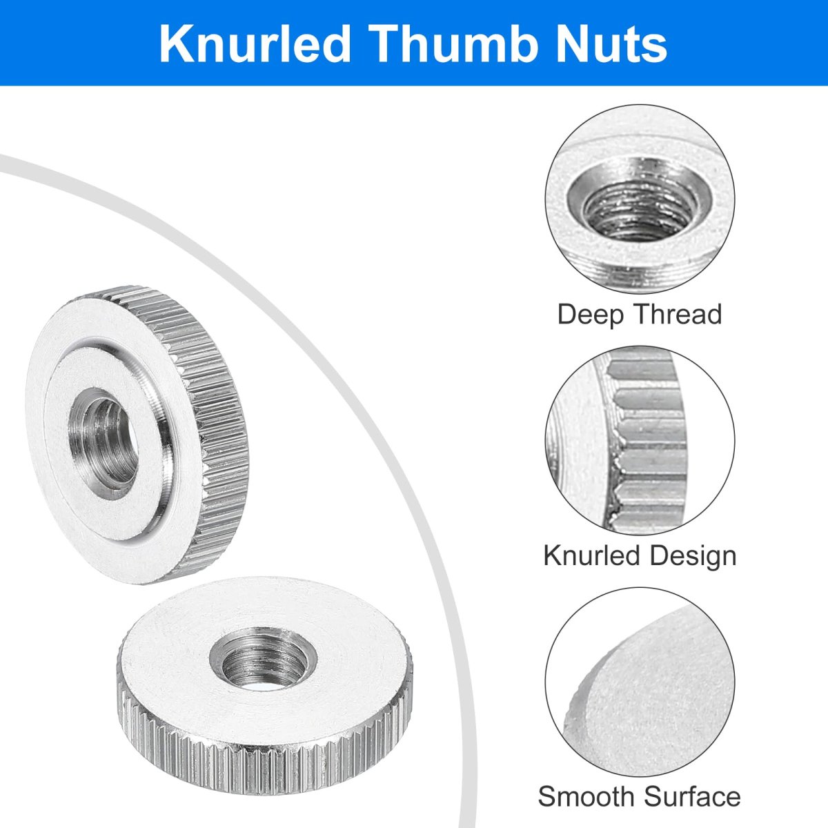 5pcs M8 Knurled Thumb Nuts 304 Stainless Steel Round Flat Head Through Hole Handle Nut Lock Adjusting Thin Type Silver