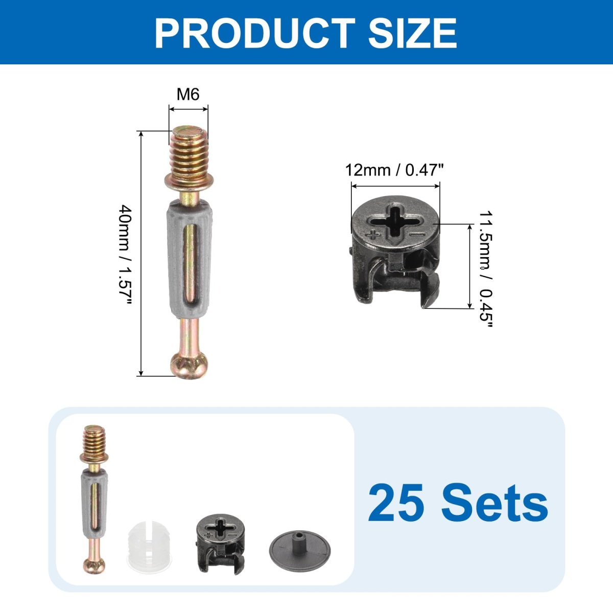 25set Furniture Connectors Kit 12x11 5mm Cam Lock Fitting With M6x40mm Dowel Fastener And Flat Plastic Cap 3-in-1 Fixing Screws