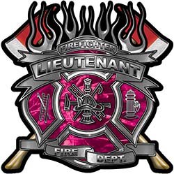Fire Fighter Lieutenant Maltese Cross Flaming Axe Decal Reflective In Pink Camo