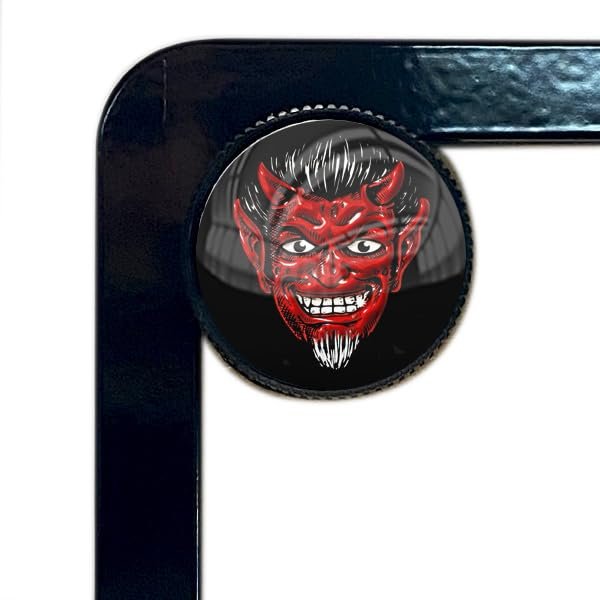 4 Black Knurled Motorcycle License Plate Frame Fastener Hardware Tag Bolts Screws Kit With Vintage Red Devil Logo 1 In Round