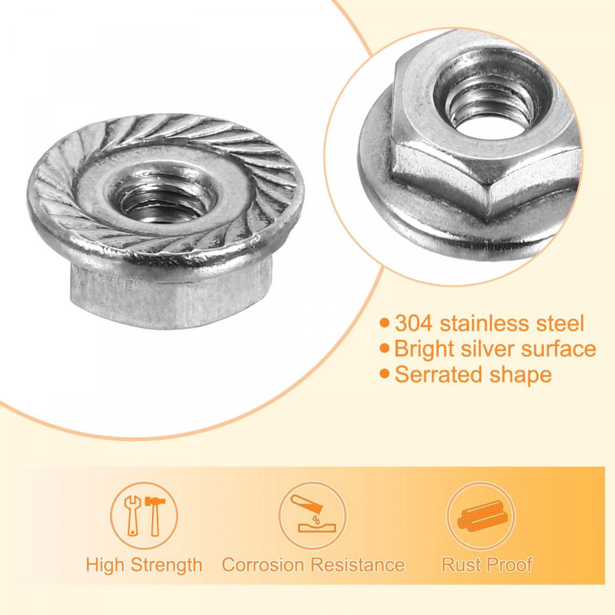 8-32 Serrated Flange Hex Lock Nuts 25pcs 304 Stainless Steel Non-slip Hexagon Nut Full Thread Bright Finish Silver