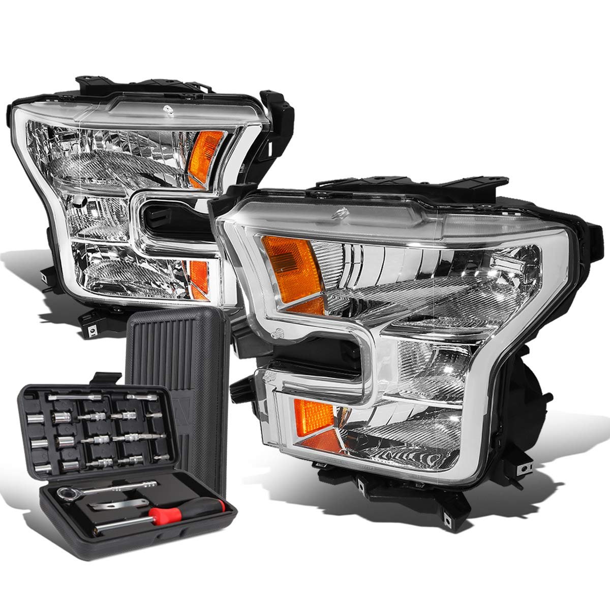 Auto Dynasty Chrome Housing Amber Corner Headlgiht Lamps Tool Kit For Ford F-150 15-17