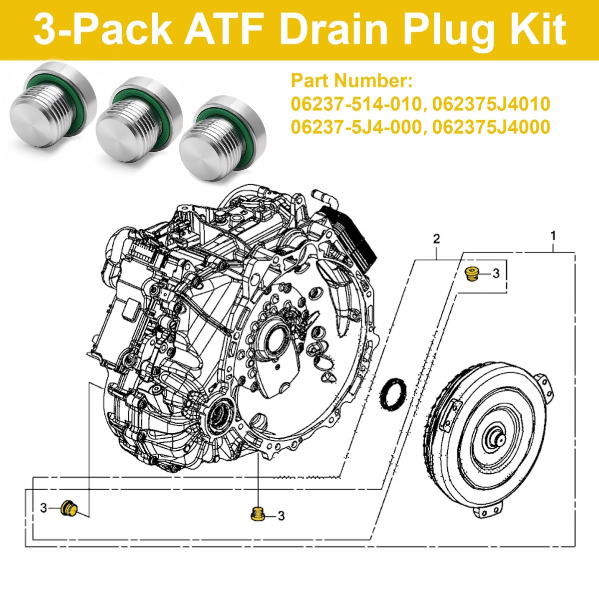 Set Of 3 Atf Drain Bolt Oil Fill Screw Plug Kit For Honda Odyssey Passport Pilot Ridgeline 2016-2025 Acura Mdx Tlx