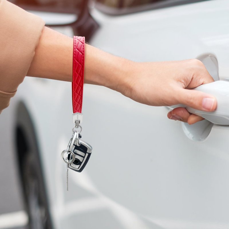 Leather Wristlet Keychain For Car And Home Keys Red Microfiber Wrist Lanyard With Anti Lost D Ring 3 Key Rings Quick Release