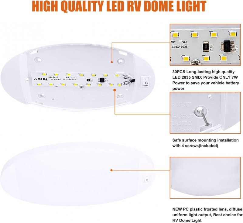 Facon 12v Led Rv Dome Light Length 9-1 4 Dds01-608-cw Large Oval Pancake 12volt Interior Ceiling With On Off Switch For