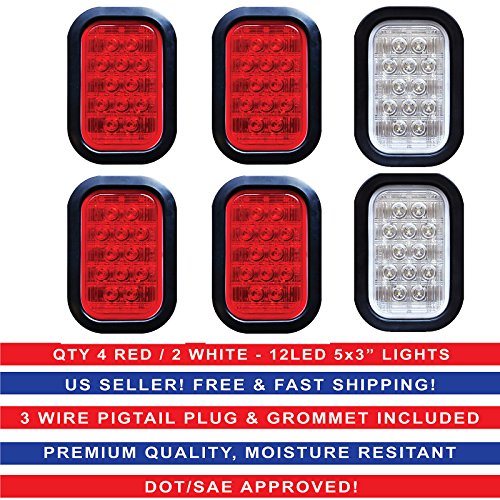 5x3 In Rectangle Led Stop Turn Tail And Backup Reverse Lights 6 Pack With 4 Red 2 White 12v Kit For Semi Trailers Trucks