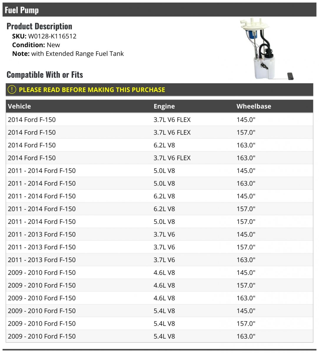 Fuel Pump For 2009-2014 Ford F150 With Extended Range Tank