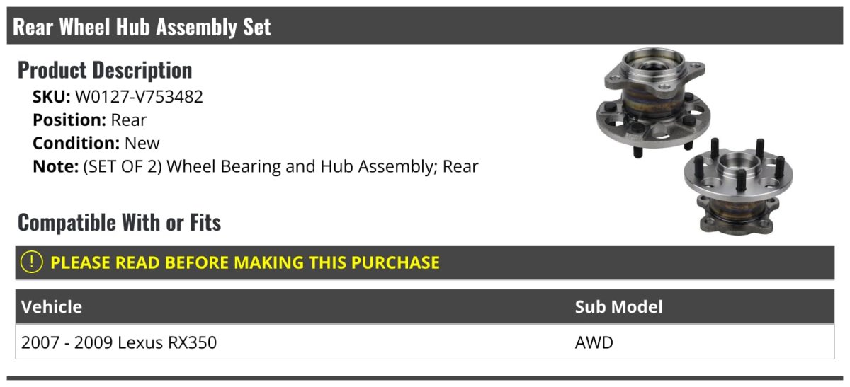 Rear Wheel Bearing Hub Assembly Set Of 2 For 2007-2009 Rx350 Awd