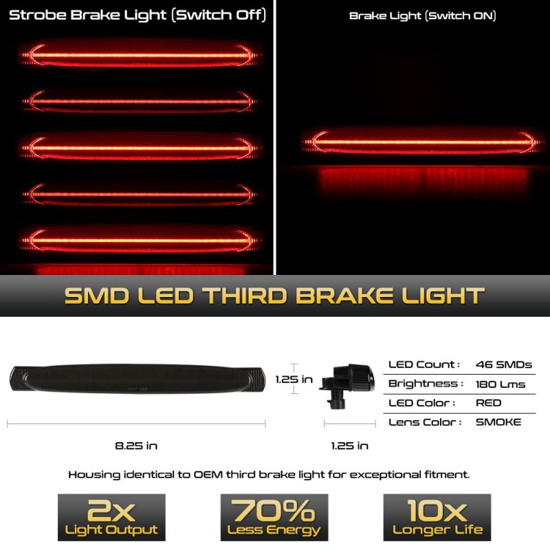 Full Led Third Brake Tail Cargo Chmsl Light For 1997-2004 Chevy Corvette C5 Chrome Housing Smoke Tinted Lens Direct Replacement