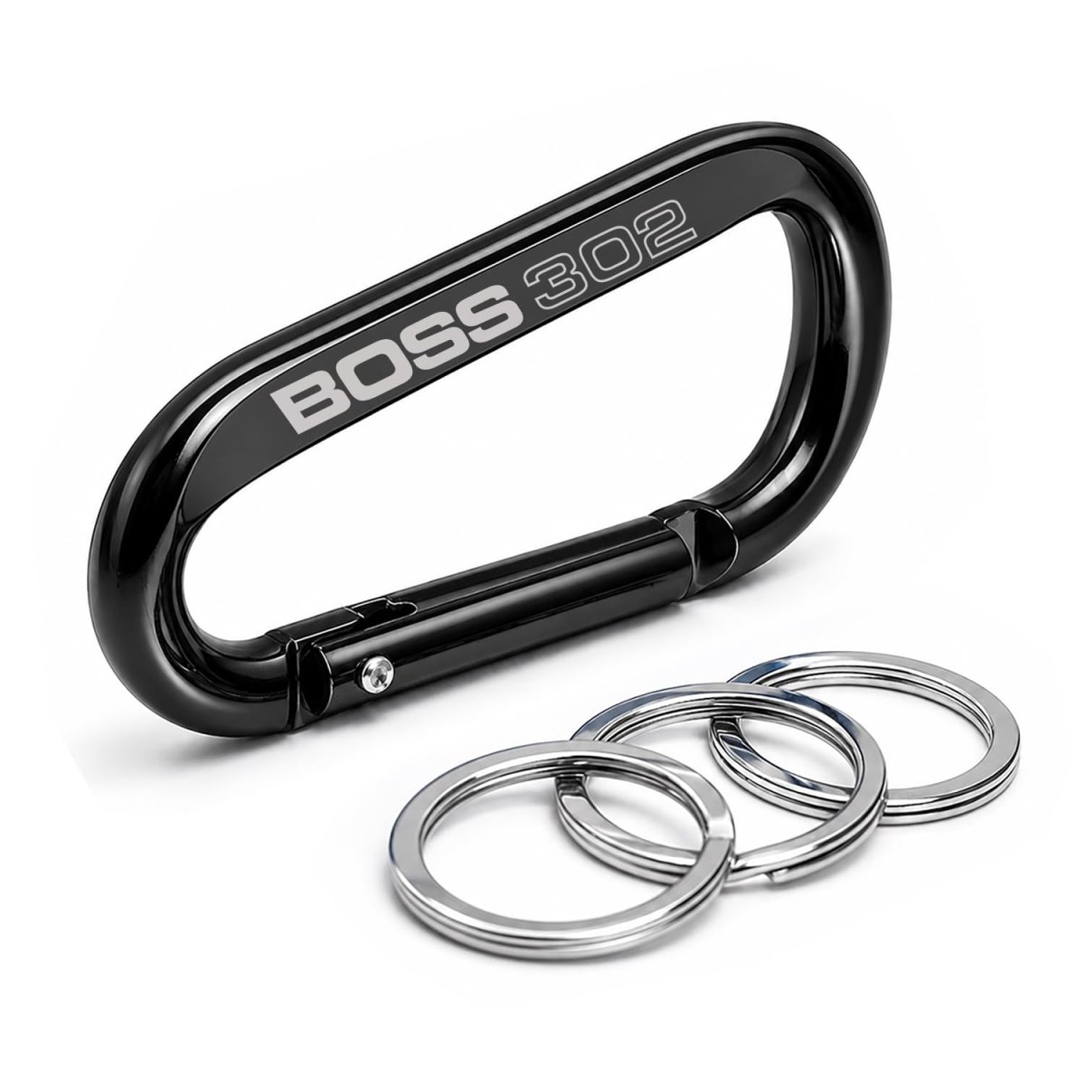 Ford Mustang Boss 302 Laser Etched Black Metal Carabiner Keychain With Split Key Rings 3 In X 1 5