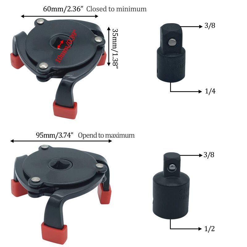 Universal Adjustable 3 Jaw Oil Filter Wrench Remover Tool Carbon Steel Car With 1 2 In Adapter And 8 Square Drive Socket Black