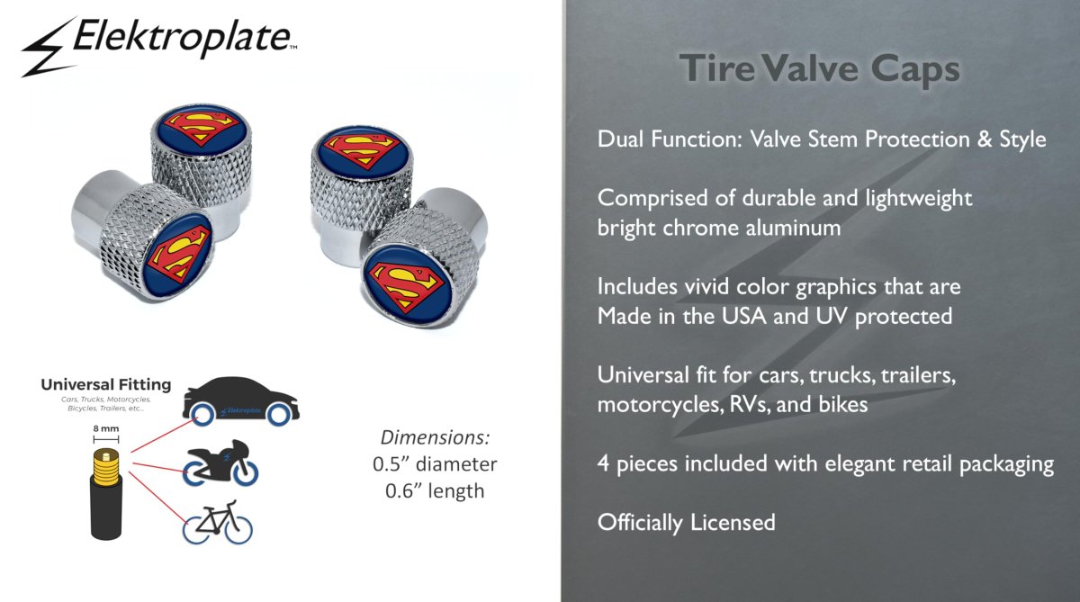 Dc Comics Superman Bright Chrome Knurling Aluminum Tire Valve Stem Caps Universal Fit For Cars Bikes Trucks Rvs Motorcycles