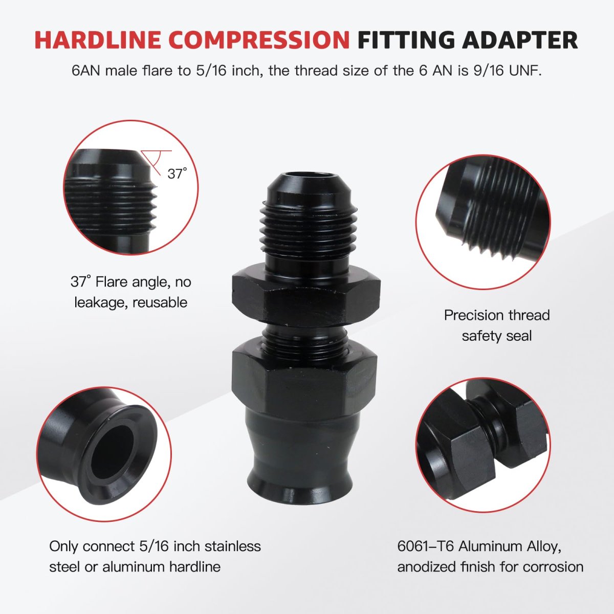 2 Pcs 6an Compression Fitting For 5 16 In Hardline Aluminum Brass Ferrule 37 Degrees Seal Fuel Line Adapter 9 18 Unf Thread