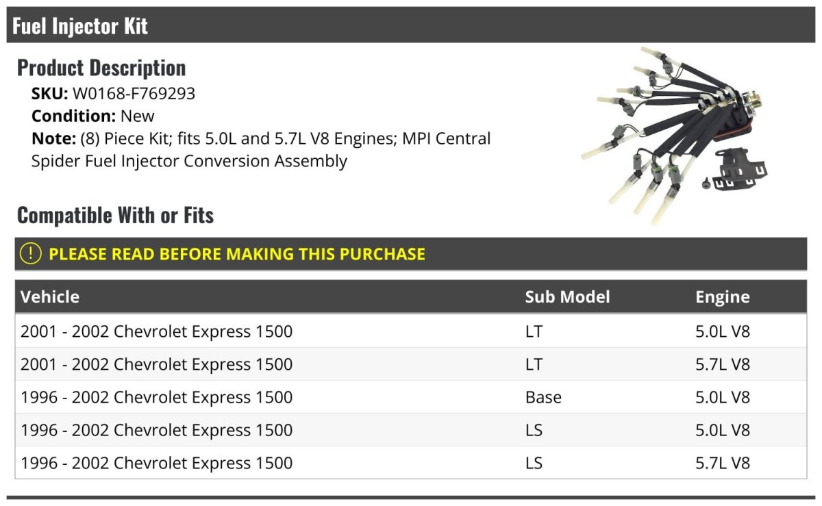 Mpi Fuel Injector Kit For 1996-2002 Chevy Express 1500 0l 5 7l V8