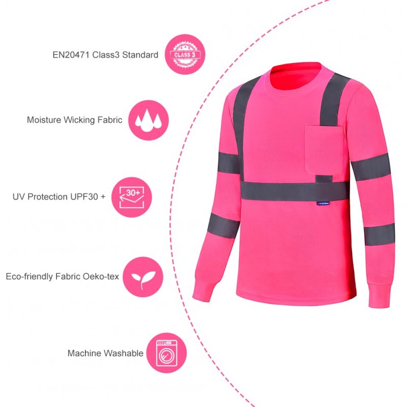 A-safety Work Safety Shirt Breathable Cool Dri Performance Men Women High Visibility Force Long Sleeve Tee Pink Xl