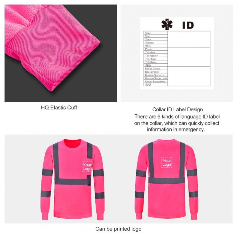 A-safety Work Safety Shirt Breathable Cool Dri Performance Men Women High Visibility Force Long Sleeve Tee Pink Xl