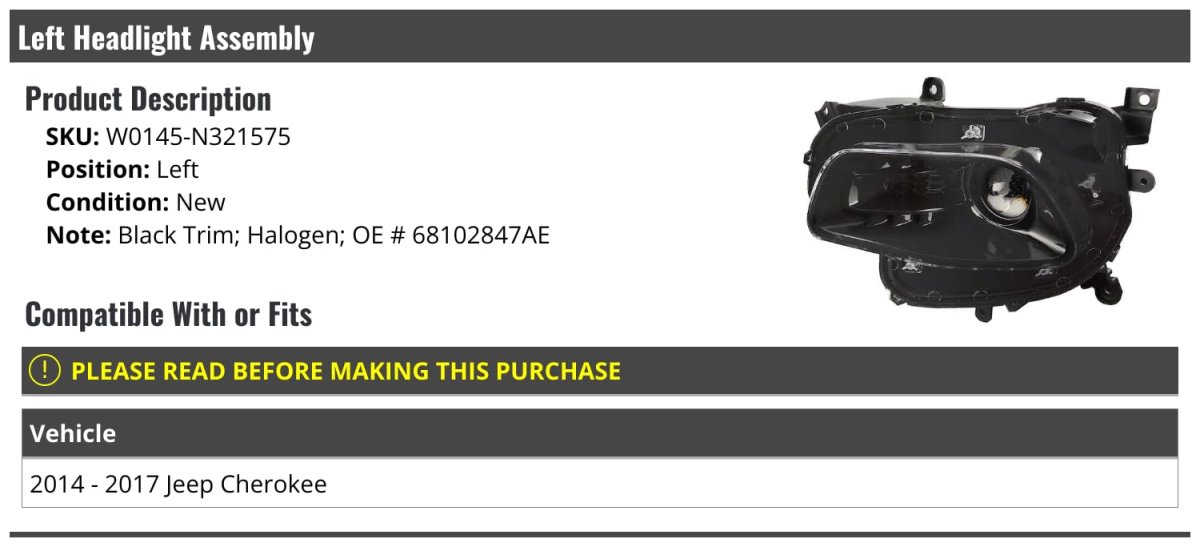 Left Driver Side Halogen Headlight Assembly With Black Trim For 2014-2017 Jeep Cherokee