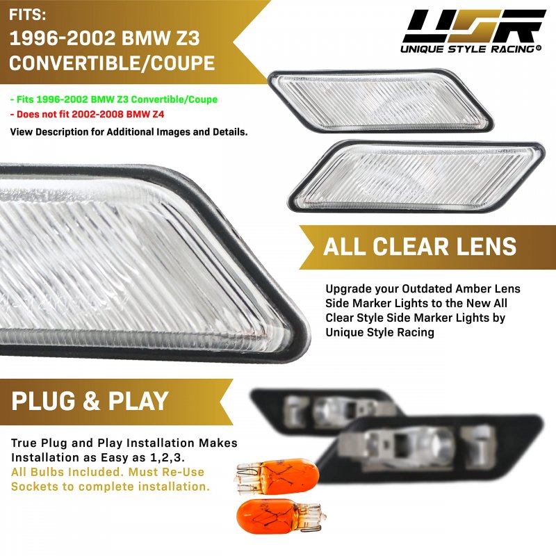 Clear Lens Side Marker Light Set For 1996 2002 Bmw Z3 Roadster M Coupe Left And Right Front Fender Lamps With Amber Bulbs