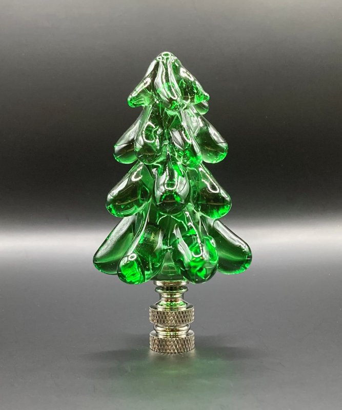 Holiday-christmas Lamp Finial-green Glass Tree-polished Nickel Base