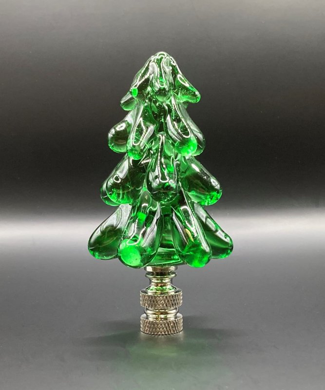 Holiday-christmas Lamp Finial-green Glass Tree-polished Nickel Base