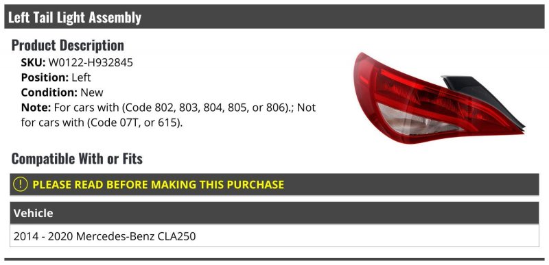 Left Driver Side Tail Light Assembly For 2014-2020 Mercedes-benz Cla250