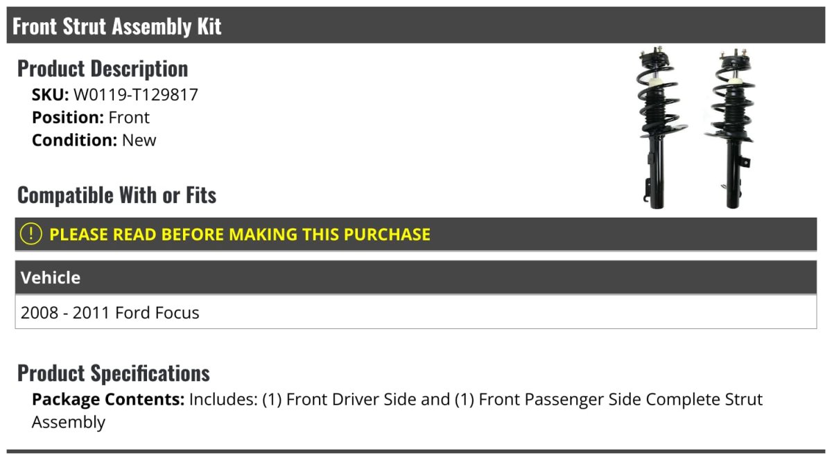 Front Strut And Coil Spring Assembly Kit Set Of 2 Compatible With 2008-2011 Ford Focus