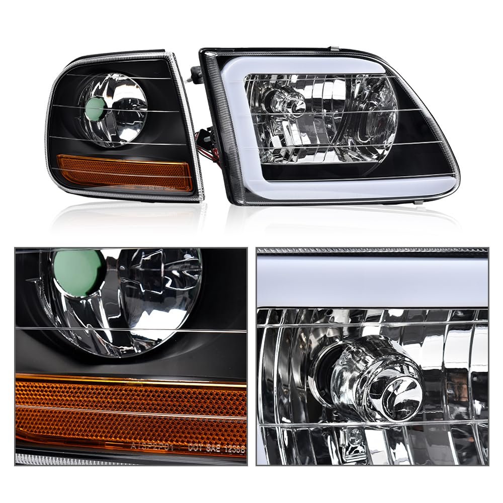 Led Drl Strip Headlights Assembly Pair For Ford Expedition 1997 2002 F150 2004 F250 1999 Clear Lens Black Housing Amber