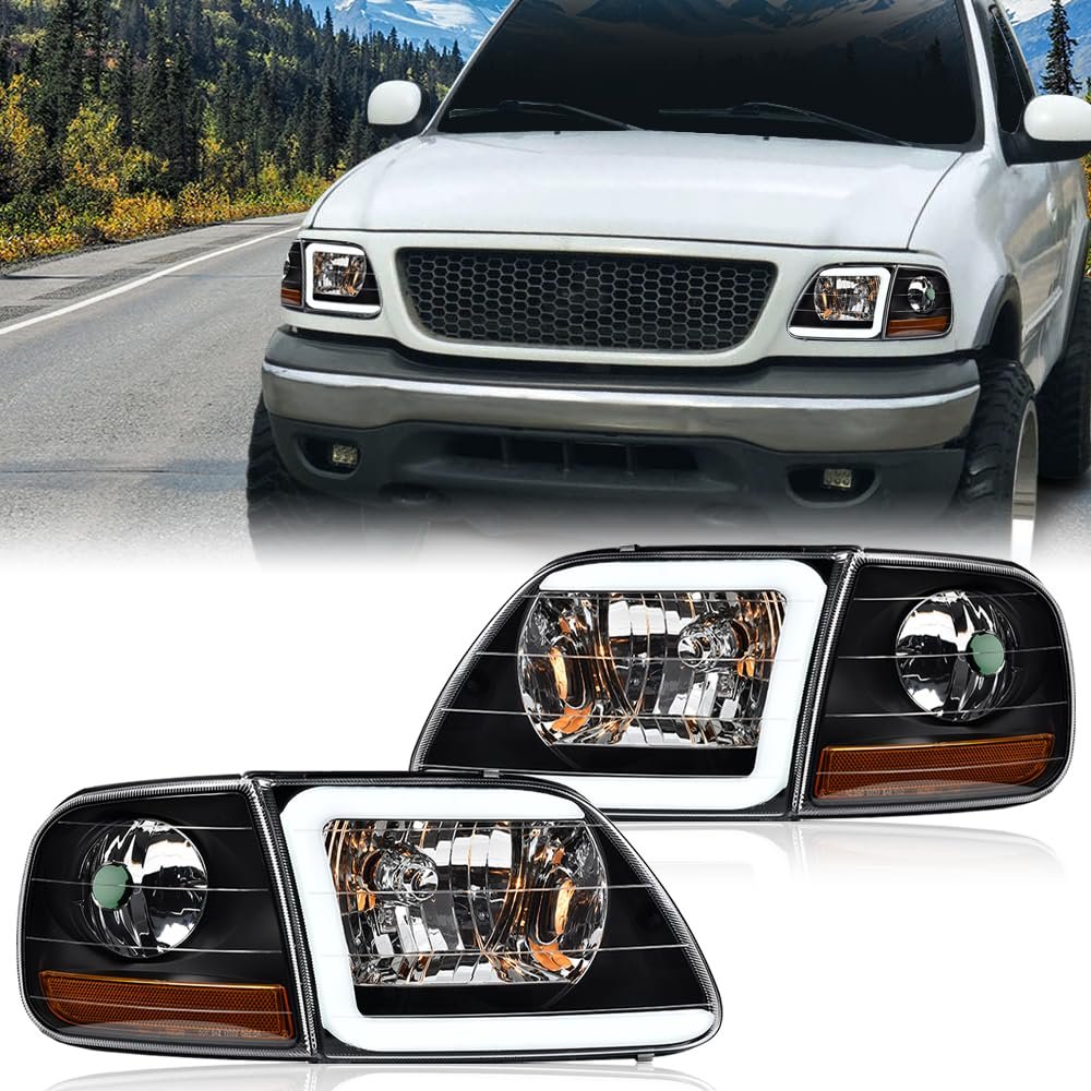 Led Drl Strip Headlights Assembly Pair For Ford Expedition 1997 2002 F150 2004 F250 1999 Clear Lens Black Housing Amber