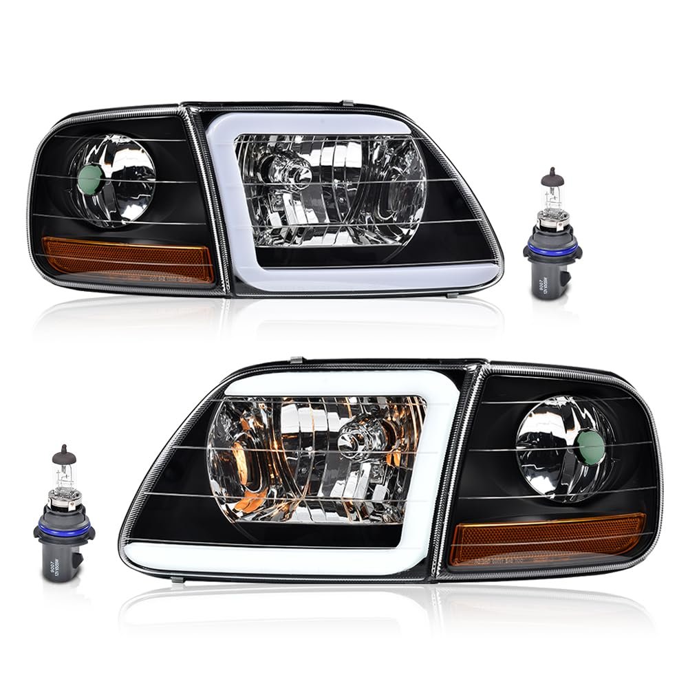 Led Drl Strip Headlights Assembly Pair For Ford Expedition 1997 2002 F150 2004 F250 1999 Clear Lens Black Housing Amber