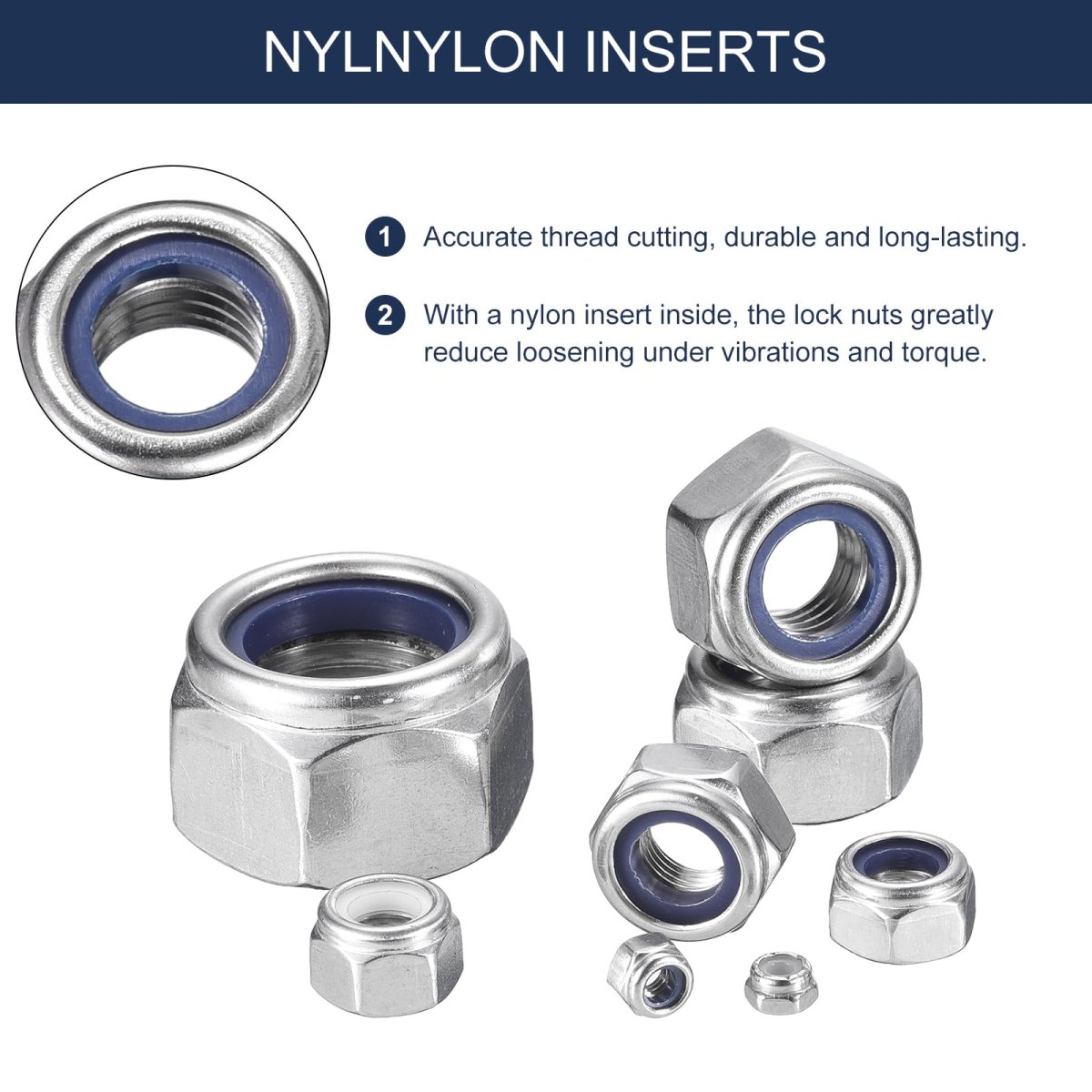 10pcs 10-24 Nylon Insert Hex Lock Nut 304 Stainless Steel Self-locking Stop For Industrial Construction Fasteners Silver White