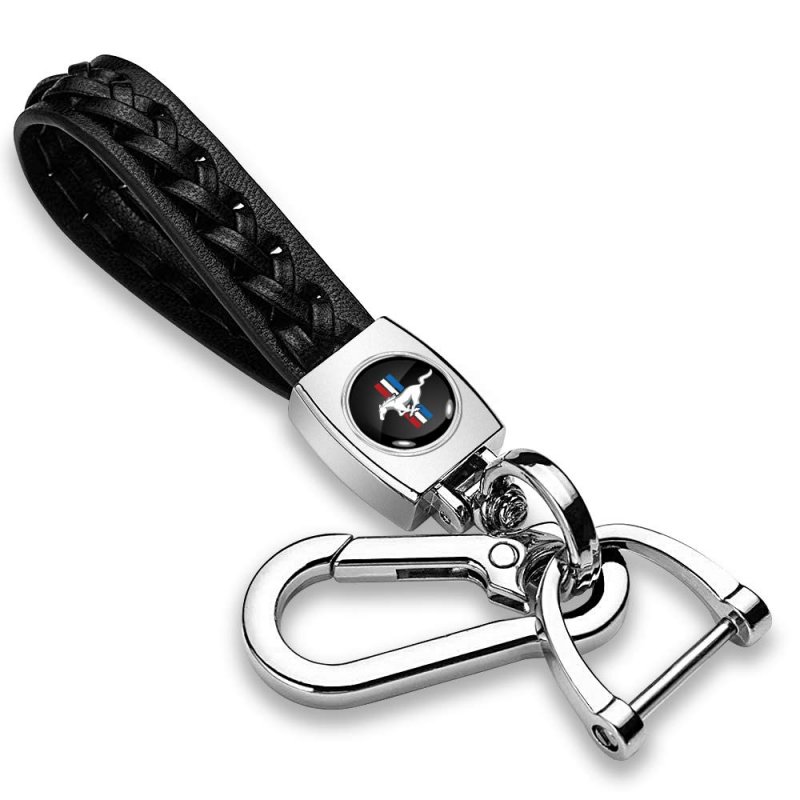 Ipick Image Compatible With Ford Mustang Tri-bar In Black Braided Rope Style Genuine Leather Key Chain