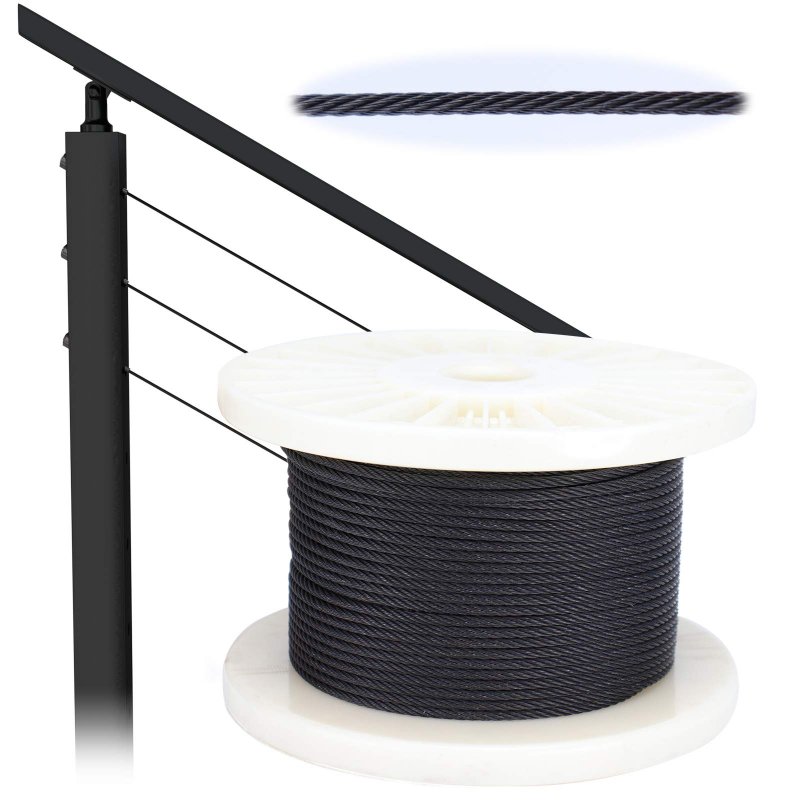 Muzata 250ft 1 8 Black T316 Stainless Steel Cable Wire Rope For Indoor Outdoor Railing Stair Deck Fencing 7x7 Strand Diy