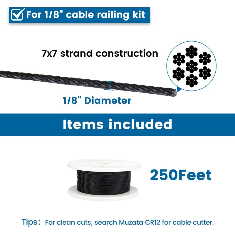 Muzata 250ft 1 8 Black T316 Stainless Steel Cable Wire Rope For Indoor Outdoor Railing Stair Deck Fencing 7x7 Strand Diy