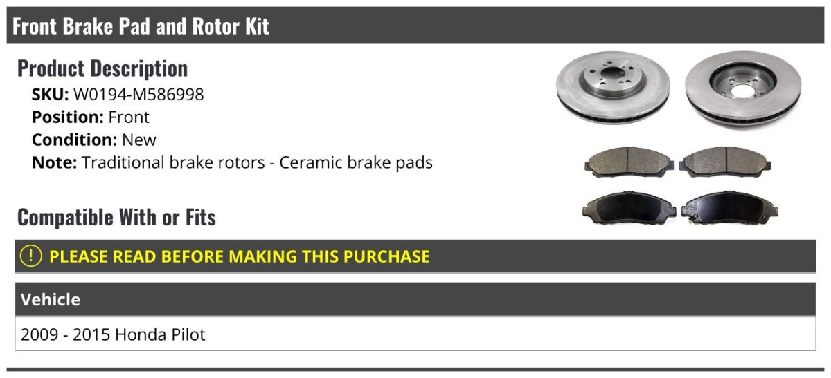 Front Ceramic Brake Pad And Rotor Kit For 2009-2015 Honda Pilot