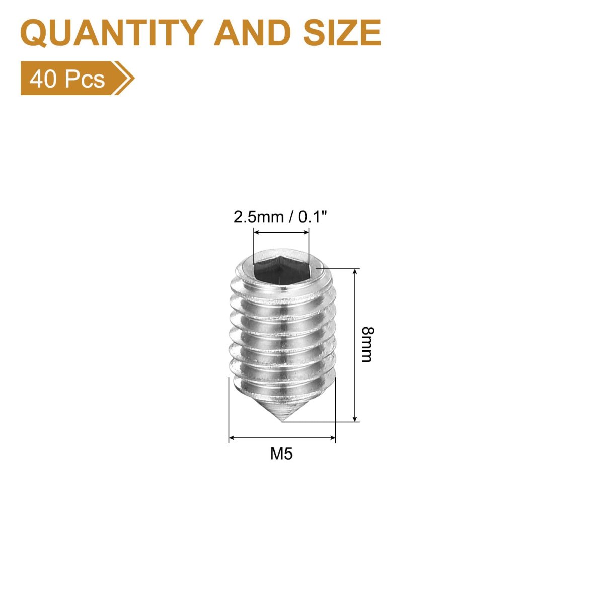 40pcs Set Screws M5x8mm 304 Stainless Steel Cone Point Hex Socket Grub For Machinery Home Repairs And Fixtures Silver