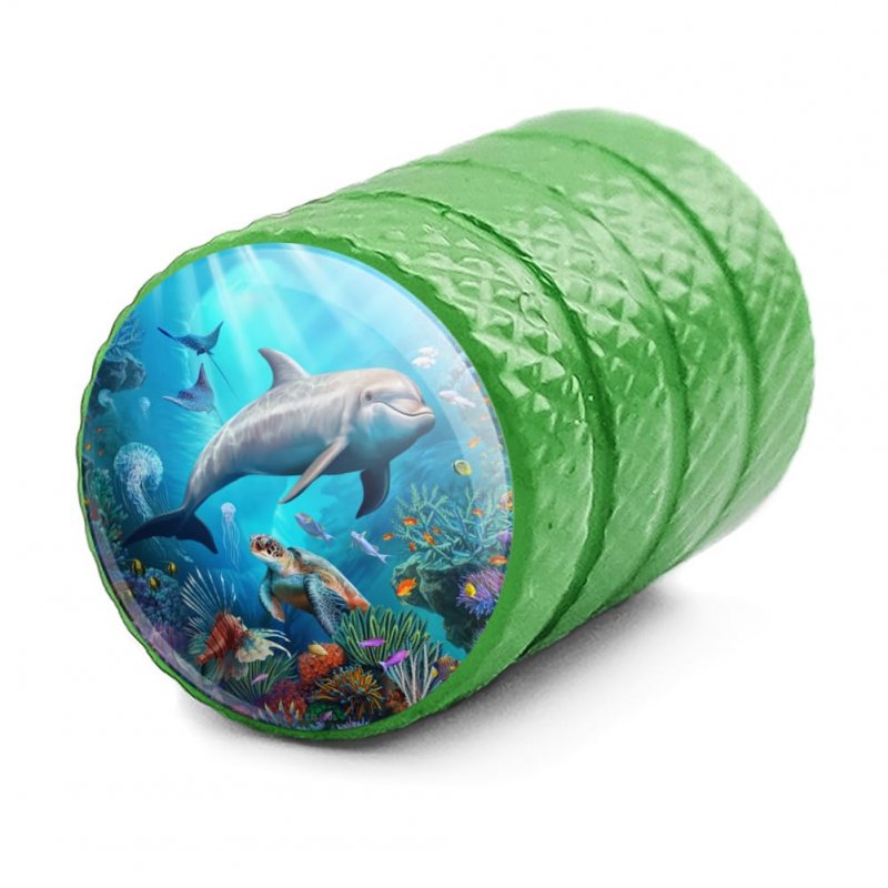 Coral Reef Dolphin And Sea Turtle Valve Stem Caps For Tire Rim Wheel Aluminum Green