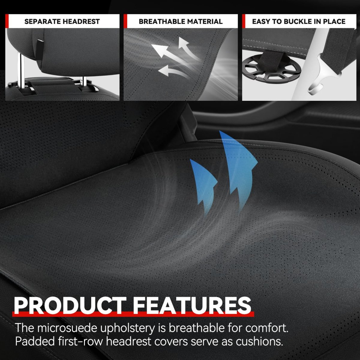 Universal Fit Car Seat Covers Full Set Breathable Microsuede Automotive Interior Protectors Airbag Compatible Anti Slip Black