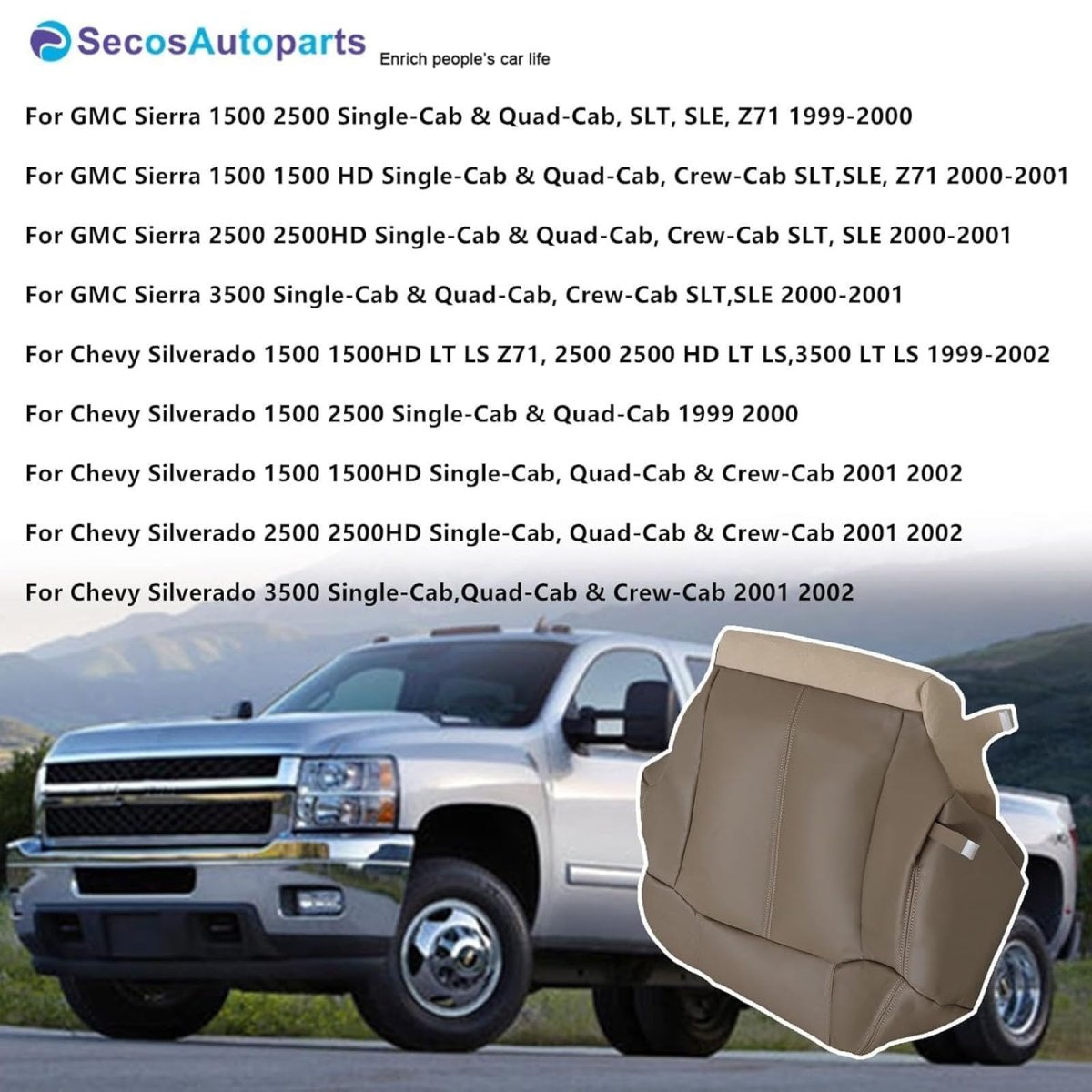 Driver Passenger Side Bottom Top Lean Back Armrests Leather Seat Covers Med Tan For Chevy Silverado 1500 2500 1999 2000 2001