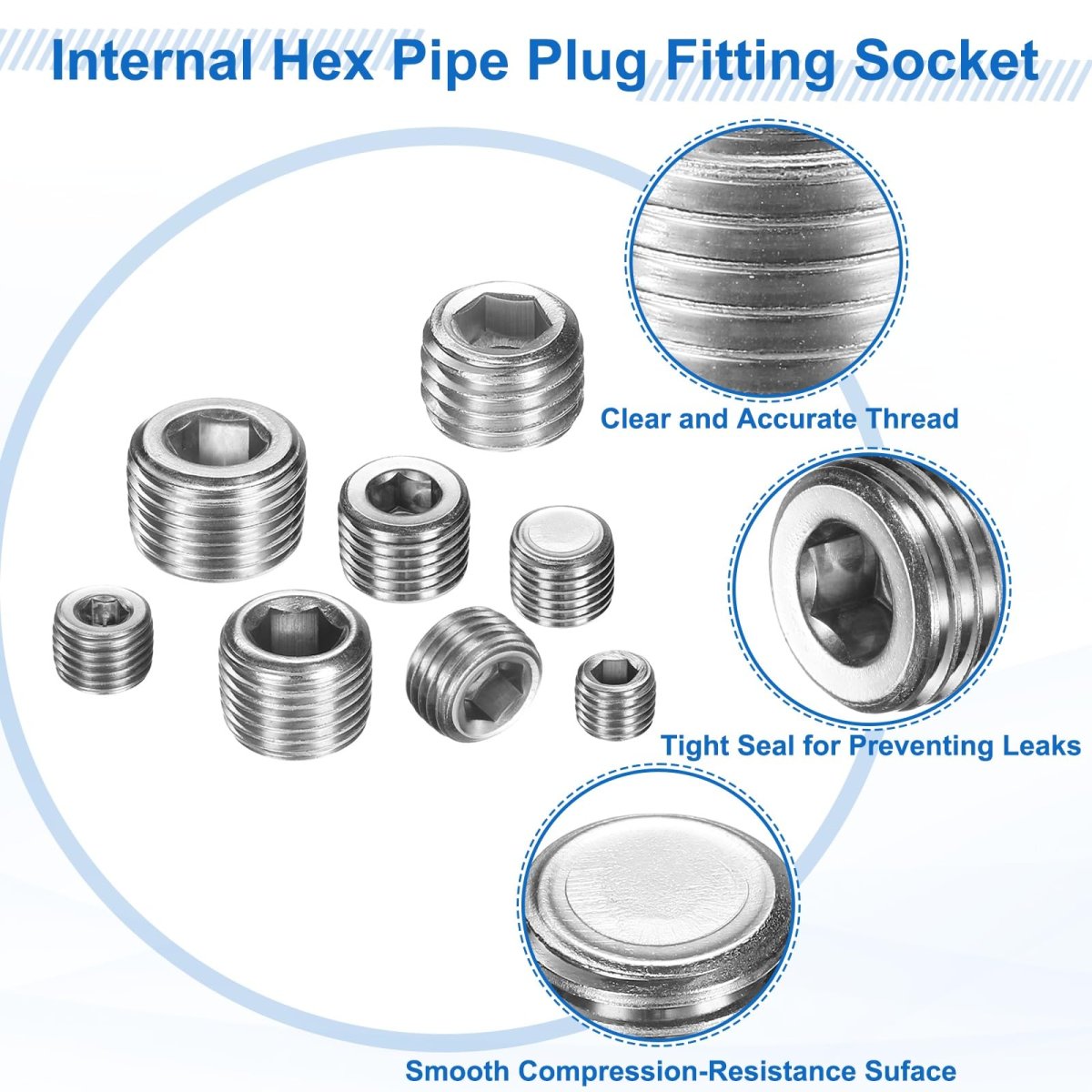 4pcs M8x1x8 304 Stainless Steel Pipe Plug Fitting Male Thread Internal Hex Socket Cap Countersunk For Sealing Port Pneumatic