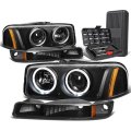 Led Twin Halo Black Amber Corner Projector Headlight W Bumper Lamps Tool Kit Compatible With Gmc Sierra Yukon 99-07
