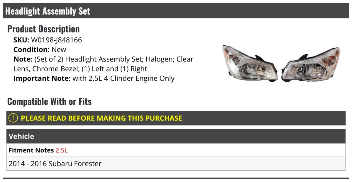 Headlight Assembly Set Of 2 Halogen Clear Lens Chrome Bezel For014-2016 Subaru Forester 2 5l 4-clinder