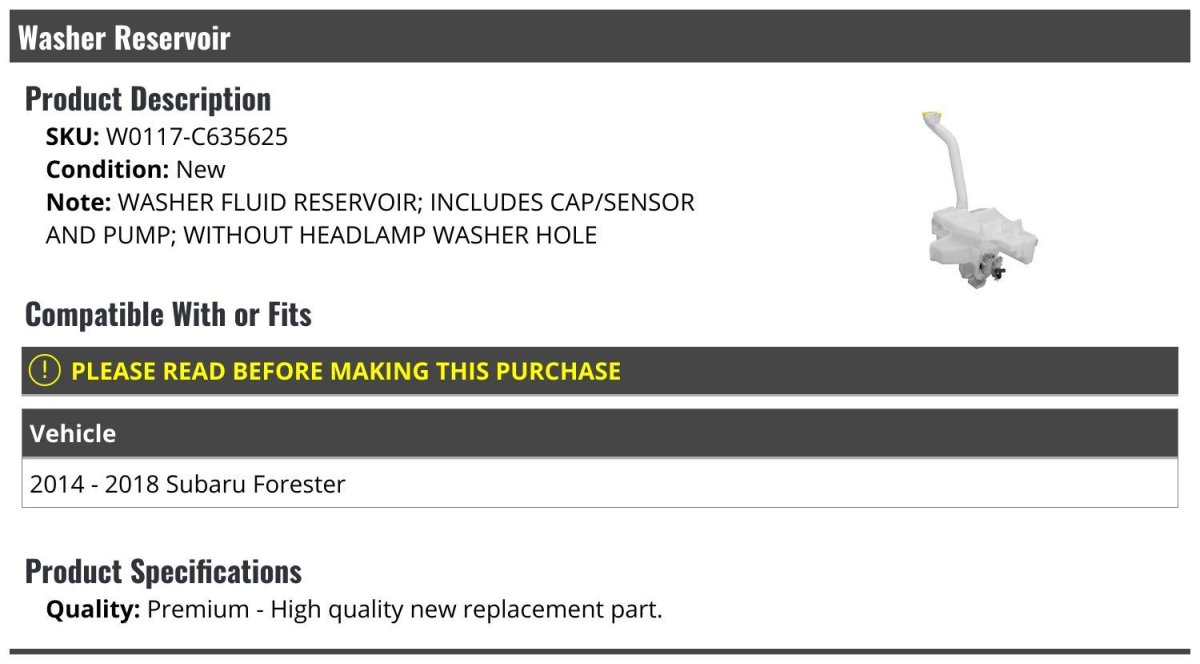 Windshield Washer Fluid Reservoir Tank With Cap Pump And Sensor For 2014 2018 Subaru Forester Without Headlight Hole