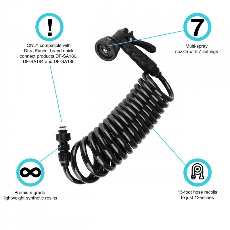 Df-sa187-bk Rv Exterior Quick Connect Sprayer 7 Spray Settings With 15 Ft Coiled Hose Matte Black Finish Modern Pulldown Design