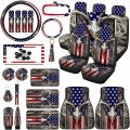 American Flag Camo Car Accessories Set 26 Pcs Deer Seat Covers Steering Wheel Cover Floor Mats And License Plate Frame 