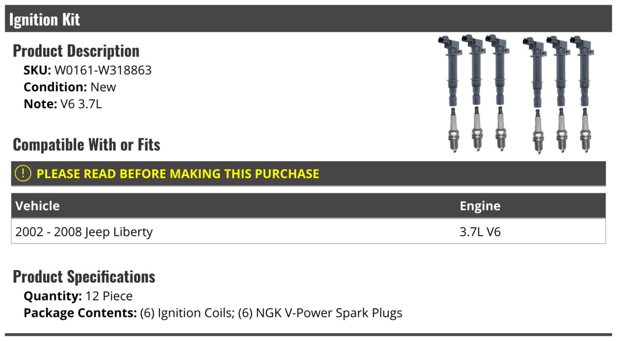 Ignition Coil And Spark Plug Kit 12 Piece For 2002-2008 Jeep Liberty 3 7l V6