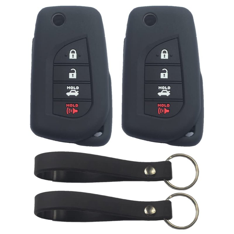 Kcpros 2pcs Black Rubber Silicone 4 Buttons Remote Smart Flip Key Fob Cover Case Protector Keyless With Keychain For Toyota