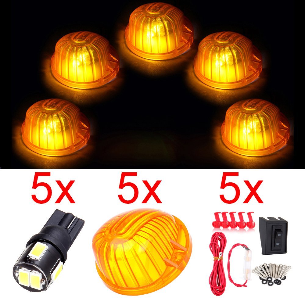 Qty 5 Round-shape Ambercab Roof Running 1313a Marker T10 White 6000k 6-5730-smd Led Bulb Wiring Pack Switch 5pcs Replacement