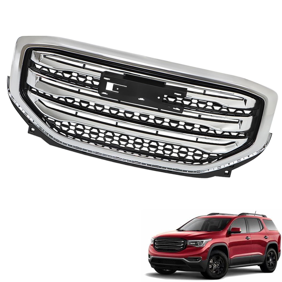 Front Upper Chrome Grille Assembly With Electroplated Strip For 2017 2018 2019 Acadia Sle Sl Sport Utility 4 Door Silver