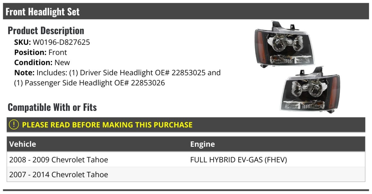 Headlight Assembly Set Of 2 For 2007-2014 Chevy Tahoe Full Hybrid Ev Gas Fhev