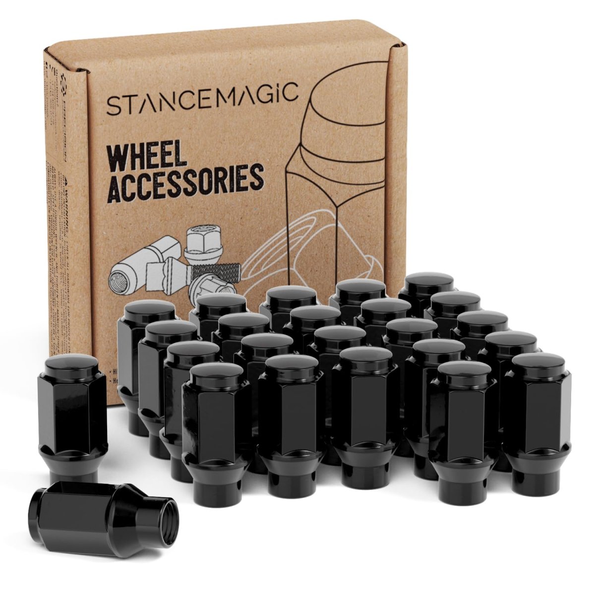 24pcs Black Bulge Lug Nuts Metric 14x1 5 Thread Size 1 75 Inch Length Et Style Cone Conical Taper Seat Shank Closed End For